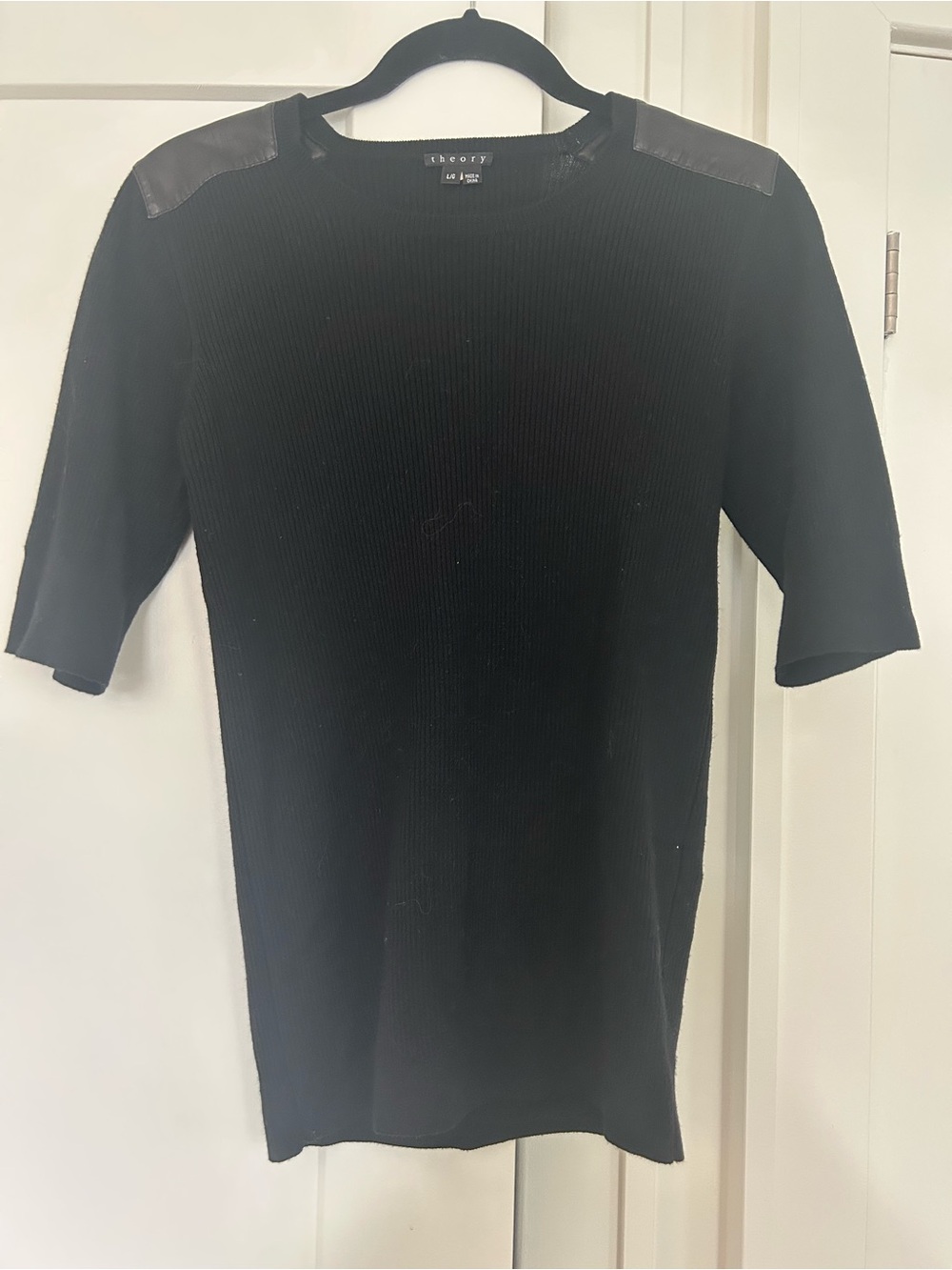 Theory Black Ribbed Short Sleeve Knit with Leather-Trim Shoulders